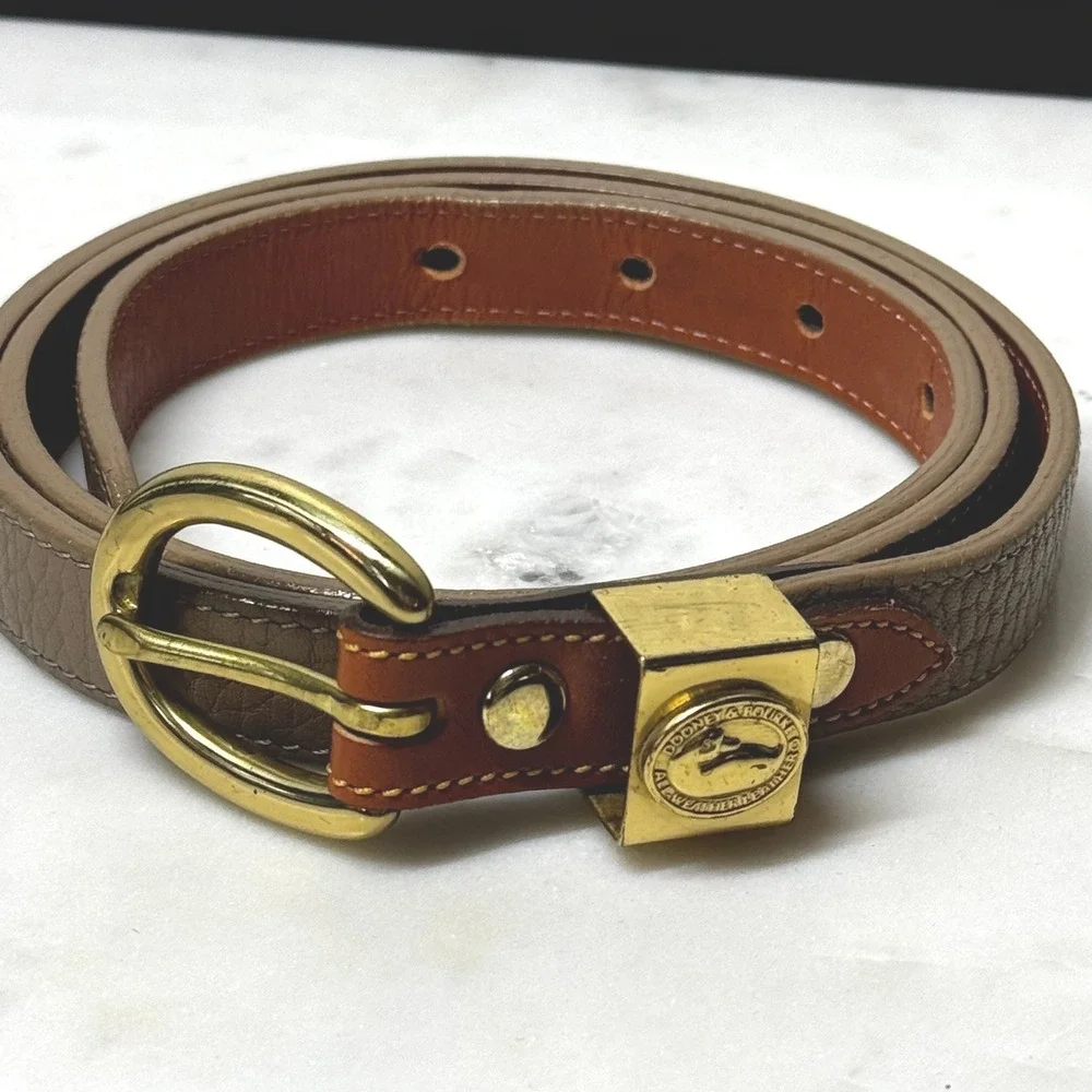 Vintage Dooney Bourke Thin All Weather Leather Belt L Tan Brass Duck Old Money